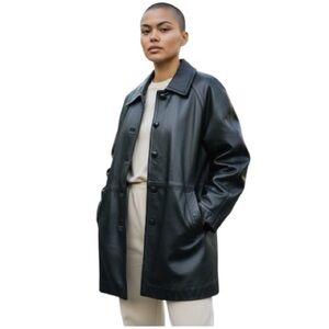Danier Black Leather Jacket 12-14 Button Front Detachable lining Minimalist Coat